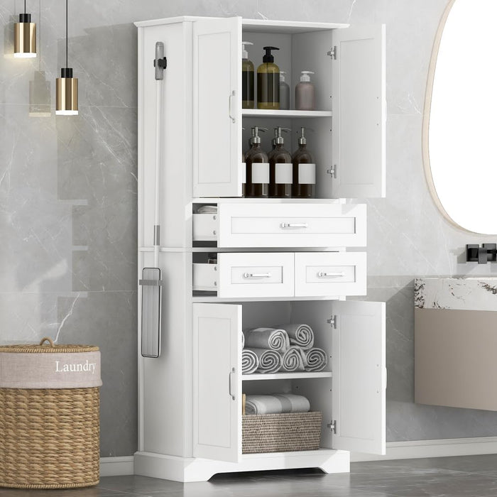 Wood Tall Storage Cabinet with Storage, 4 Doors & 3 Drawers, Bathroom Storage Cabinet with Adjustable Shelves, Freestanding, White