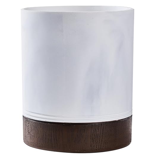 Polytree White Marble and Brown Wood Round Wastebasket, Resin Small Round by Polytree
