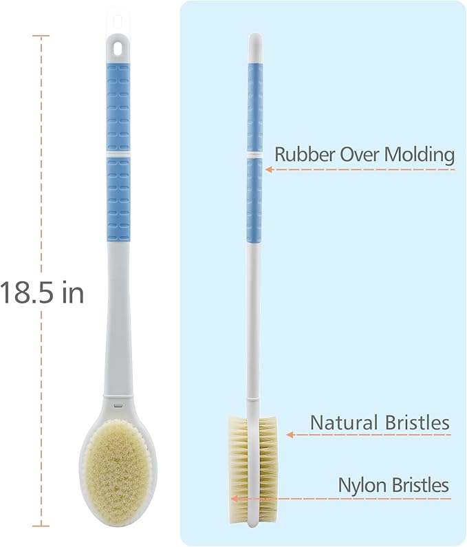 Shower Brush with Soft and Stiff Bristles, 18.5" Long Handle Dual-Sided Back - Image 3