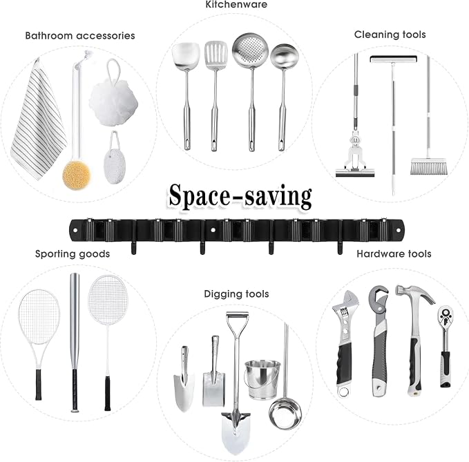 Black 5 Racks and 4 Hooks Mop and Broom Holder Wall Mount, Broom Organizer - Image 7