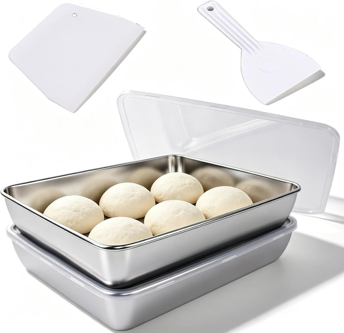 2 PCS Pizza Dough Proofing Box Kit, 14.2x11 Inches 304 Stainless Steel Dough Proofing Container with Lid Fits 6 Dough Balls, Includes 2 Plastic Dough Scrapers, Ideal for Bulk Fermentation