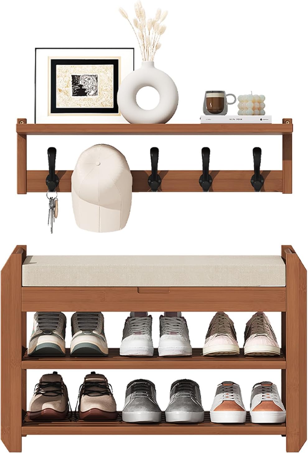 27.6" Shoe Rack Bench with Coat Rack, 2-Tier Entryway Storage Bench