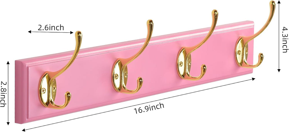 Wall Mount Bamboo Coat Rack, 17 Inch, 4 Double Hooks,2 Pack, Pink and Gold