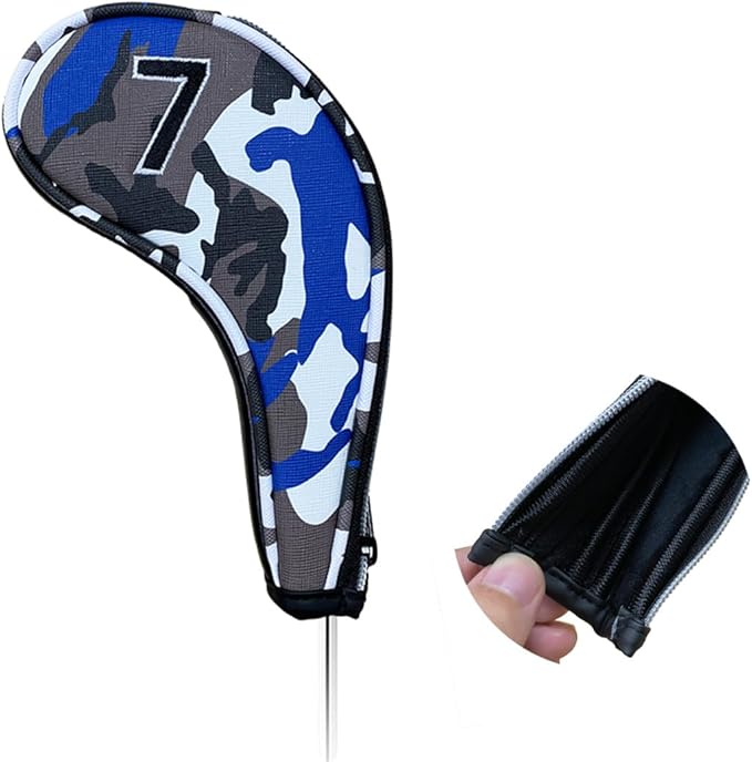 9pcs PU Leather Camouflage Blue Zipper Long Neck Design Golf Iron Headcovers - Image 5
