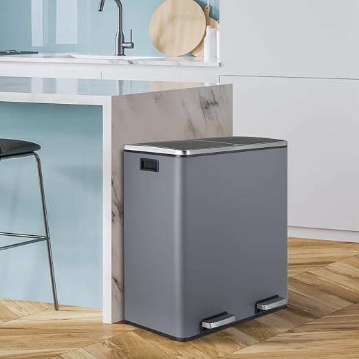 16 Gallon Rectangular Stainless Steel Trash Can, Dual Compartment Garbage Bin - Image 2