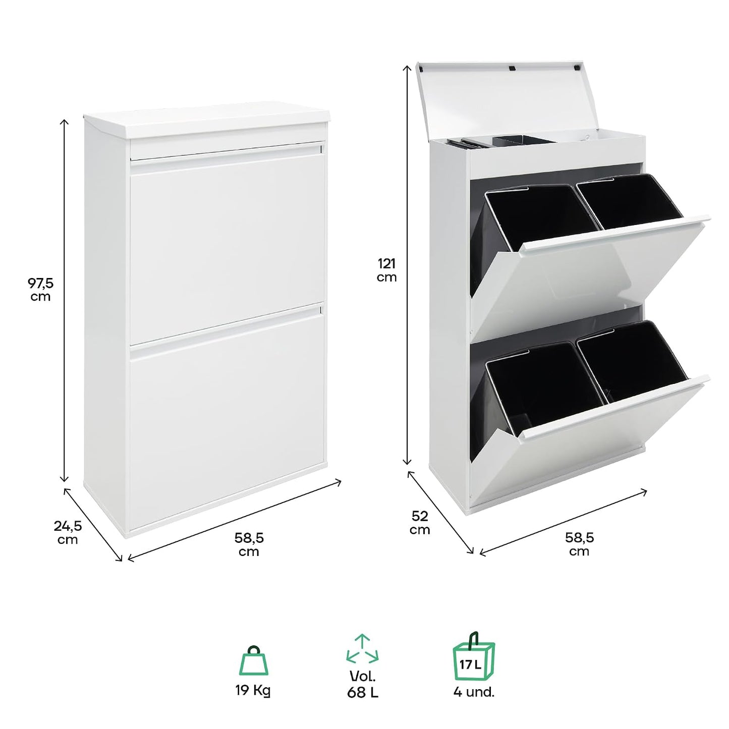 Arregui 4-Cube Steel Waste and Recycling Bin and Multi-Purpose Top Tray, White, 97.5 x 58.6 x 24.4 cm