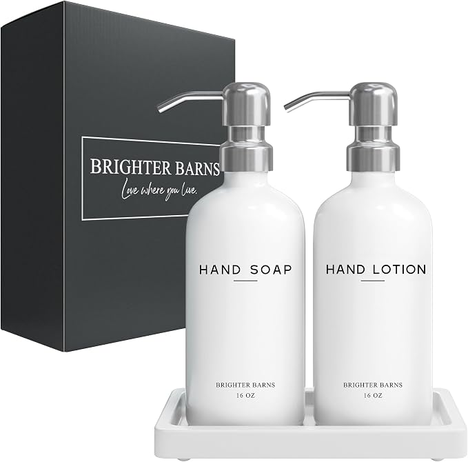 White Glass Soap and Lotion Dispenser Set by Brighter Barns - Image 8