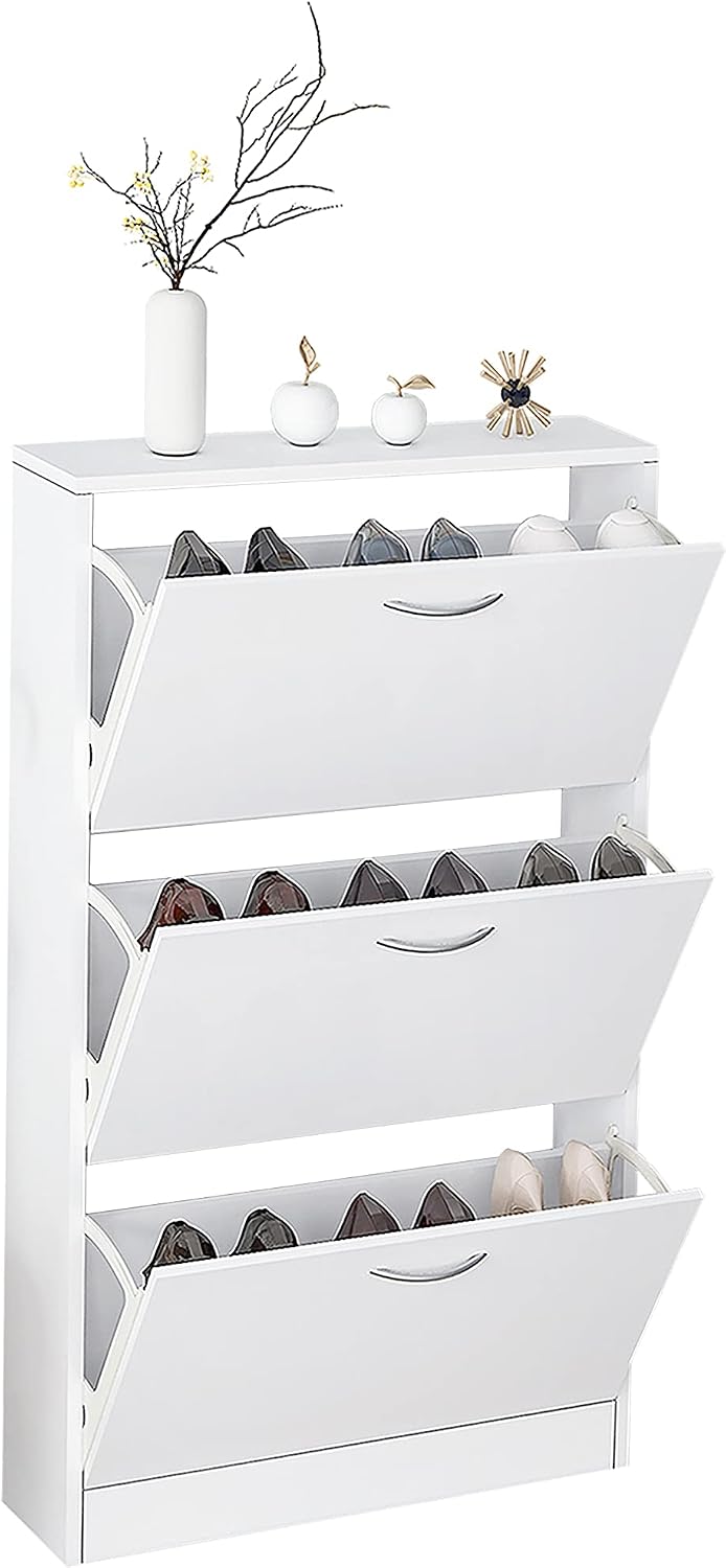 Karl home White Narrow Entryway Shoe Cabinet, 3 Flip Drawer Shoe Rack