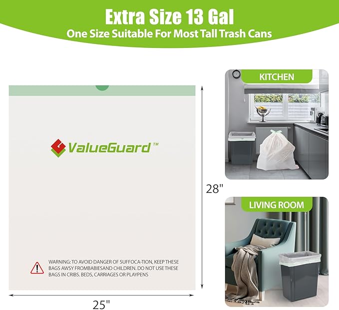 Large Trash Bags 13 Gallon Tall Drawstring 100% Post-Consumer Recycled Garbage - Image 3