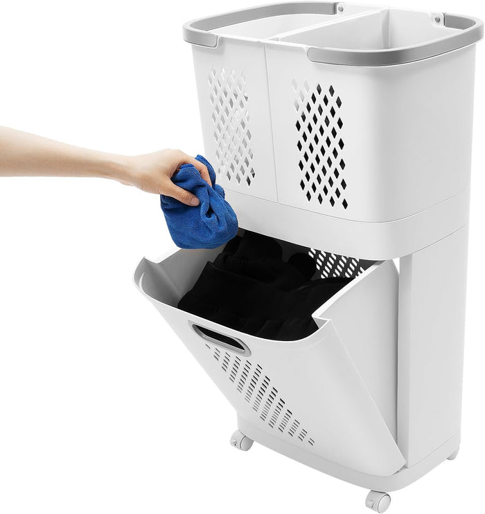 2 Tier Plastic Laundry Hamper, Removable Household Bathroom Clothes Storage Basket Cart Floor Standing Large Carrying Laundry Hamper with Handle and 4 Wheels for Bedroom, Bathroom