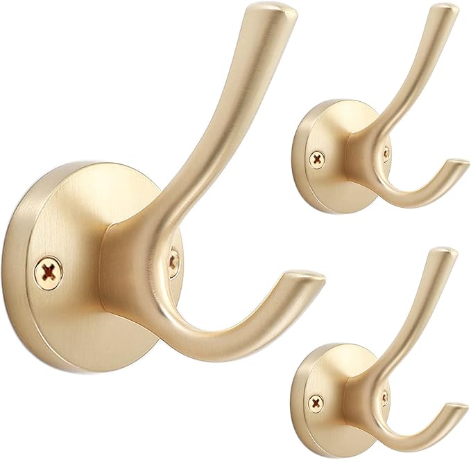 Gold Coat Hooks for Wall, 3 Pack Towel Hook Heavy Duty Metal Double Bath Robe by TOFIIGREM