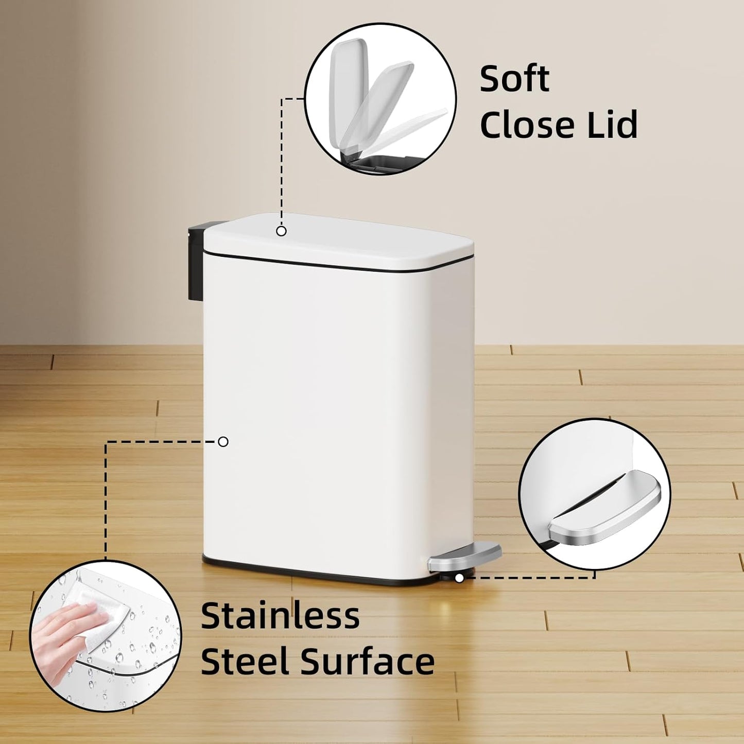KSSKSS Small Bathroom Trash Can with Lid Soft Close, Step Pedal, 6L / 1.6 Gal Stainless Steel Garbage Bin with Removable Inner Bucket, Slim Wastebasket for Narrow Spaces (White)
