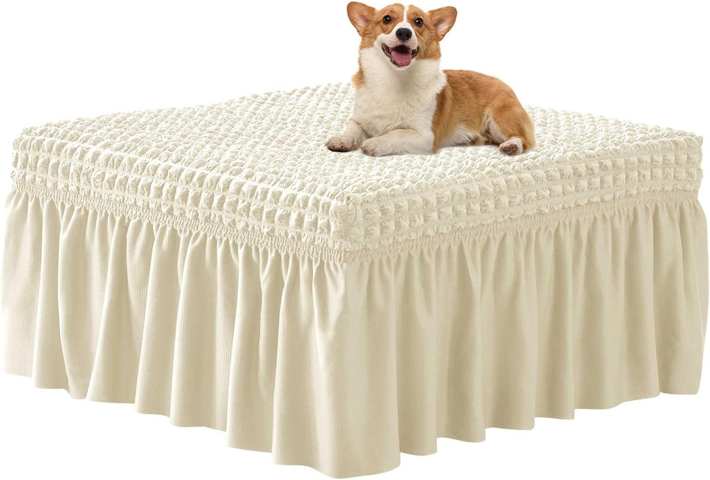 Stretch Seersucker Ottoman Cover Square & Rectangular, Soft Elastic Footstool Cover with Skirt Non-Slip Furniture Protector for Living Room Bedroom(Beige)