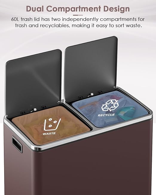 AthLike 60L Dual Trash Can, Stainless Steel Kitchen Garbage Can, Double - Image 5