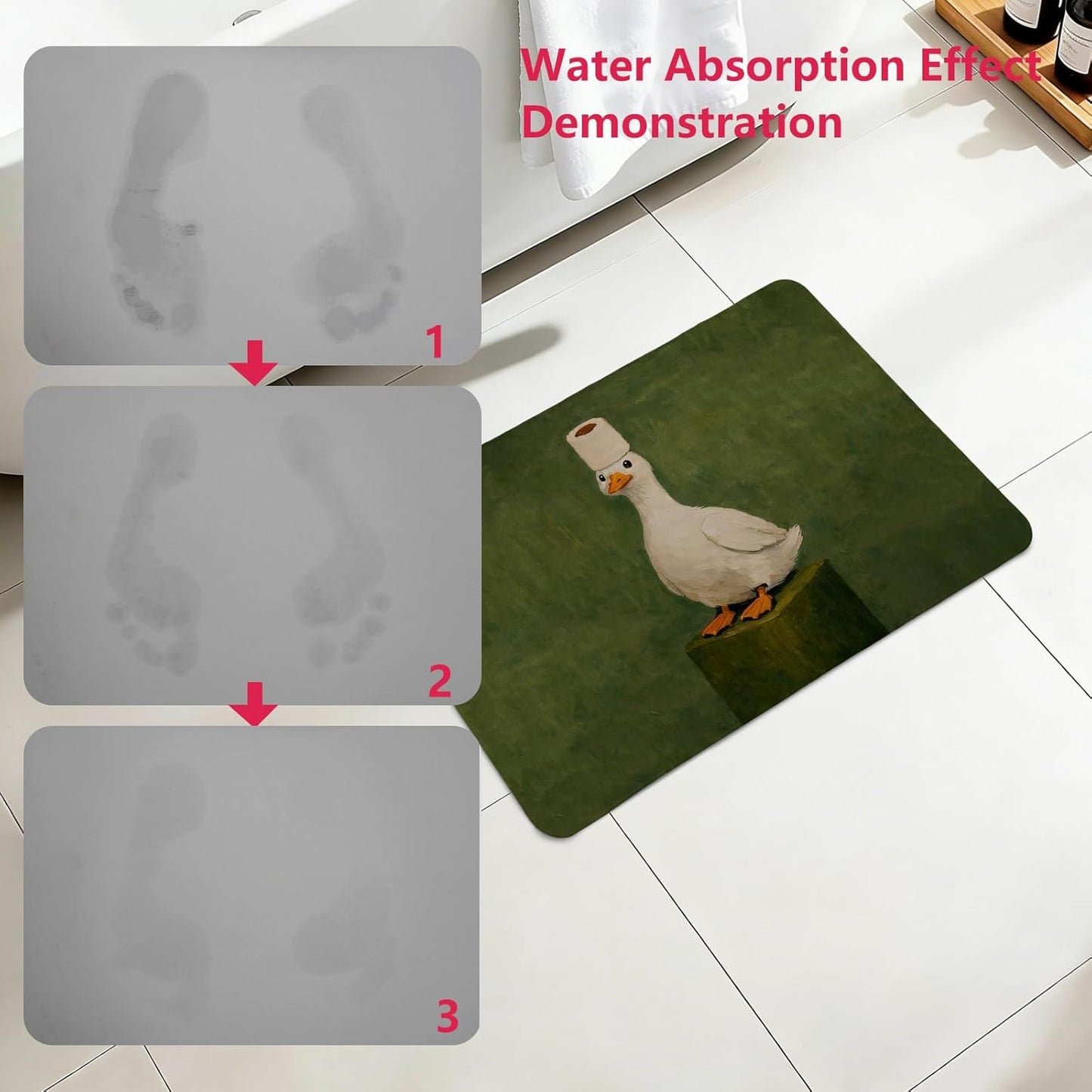 Green Funny White Duck Kitchen Mat,Playful Duck with Toilet Paper Roll Bathroom Mat,Cute Animal Decorative Mats Rug for Bathroom Dressing Table Shower Tub Kitchen Entry Door,24x16Inch