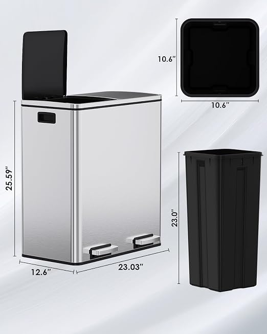 Arlopu 16 GallonStainless Steel Trash Can, 60L Dual Compartment, Metal Kitchen - Image 2