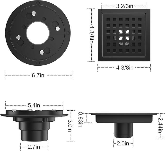 4-3/8 Inch Shower Drain Matte Black, Square Bathroom Floor Drain, Stainless - Image 3