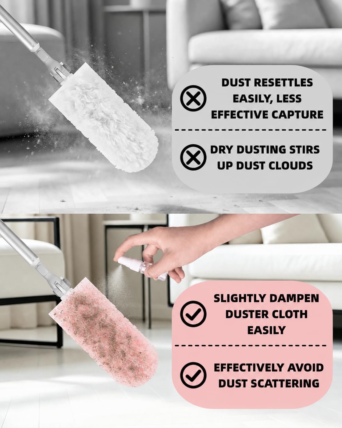 50 PCS Duster Refills with 6 FT Extendable Handle, Heavy Duty Duster Refills Kit Compatible with Swiffer, 360 Disposable Microfiber Duster Pads for Ceiling Fan, Blind & Hard to Reach Areas Cleaning
