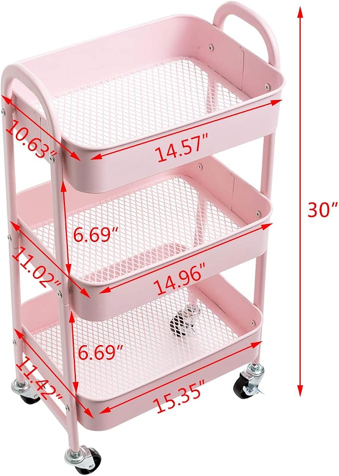 AGTEK Makeup Cart, Movable Rolling Organizer Cart, 3 Tier Metal Utility Cart - Image 3