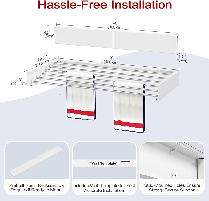 Wall Mounted Drying Rack 40", Foldable Laundry Drying Rack - Image 6