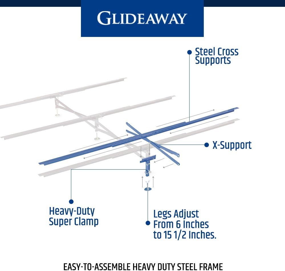 Glideaway X-Support Bed Frame Support System, GS-3 XS Model - 3 Cross Rails and 3 Legs - Strong Center Support Base for Full, Queen and King Mattress, Box Springs, and Bed Foundations