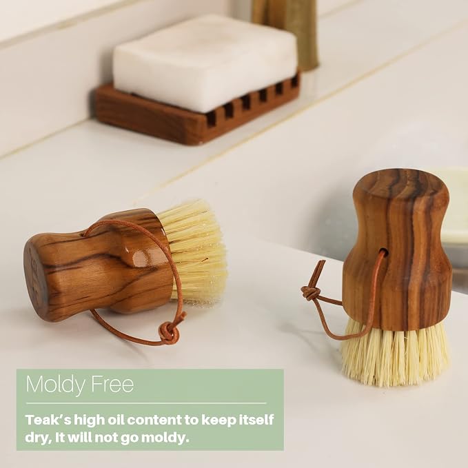 Teak Dish Scrub Brush 3PCS by HTB, Good Grip Small Wooden Dish Brush - Image 2