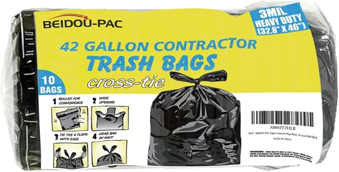 Contractor Heavy Duty Trash Bags 42 Gallon | 10 Count | 3 MIL | 32.8" X 46" | by BEIDOU-PAC
