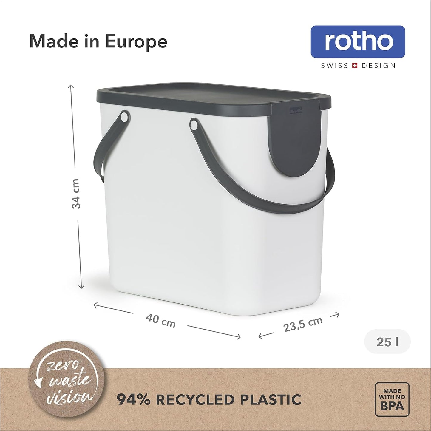Rotho Indoor Recycling bin from Albula - 1024901023, White, 25 l (40.0 x 23.5 x 34.0 cm)
