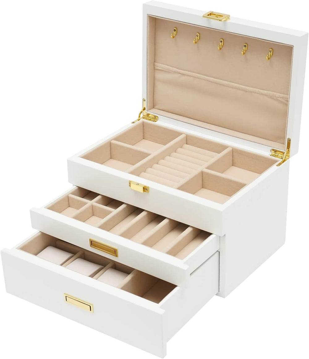 3 Layers Jewelry Storage Box with 2 Drawers, Large Wooden Jewelry Box for Wom...