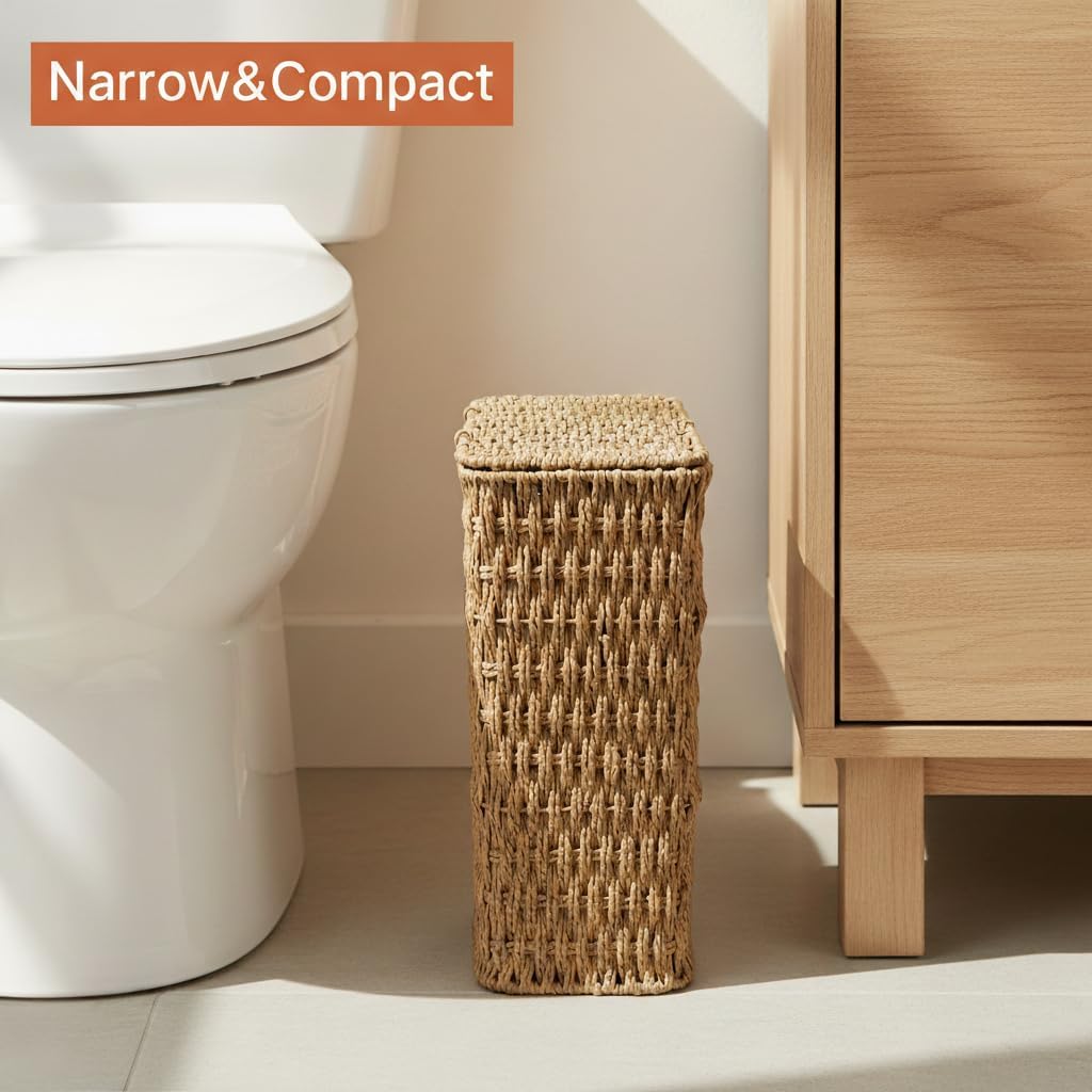 Coeusy 3 Gallon Paper Rope Bathroom Trash Can,Small Wicker Trash Cans with Lid and Liner,Woven Rattan Narrow Waste Basket for Bedroom,Office,Natural