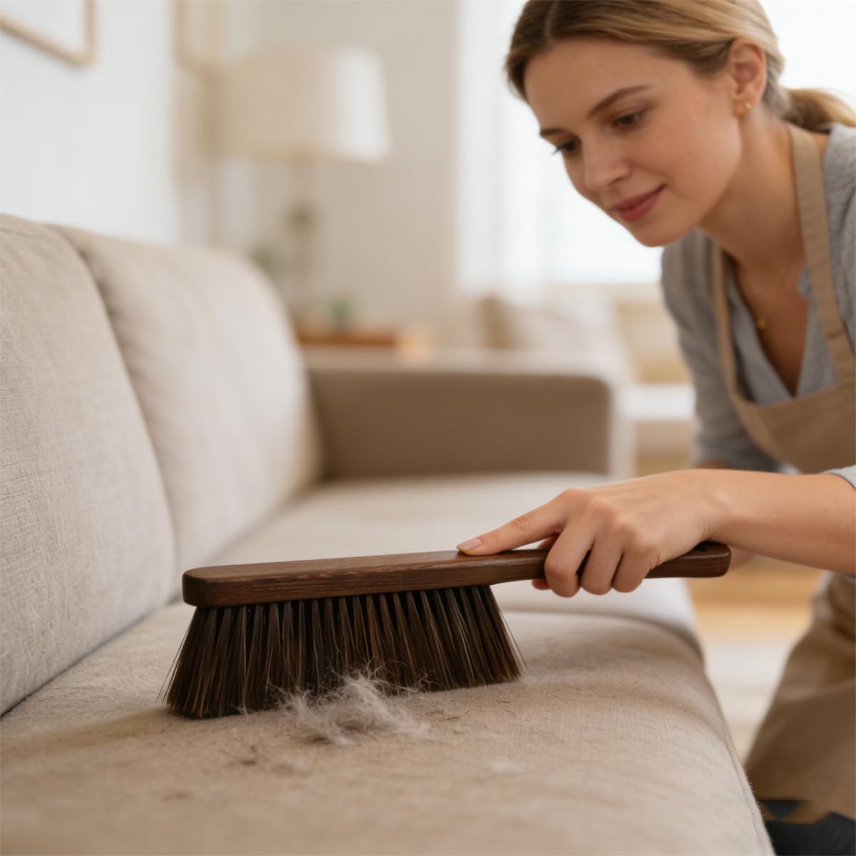 Hand Broom with Soft Horsehair Bristles, Wooden Handle, Dusting Brush for Car, Bed, Furniture, and Couch