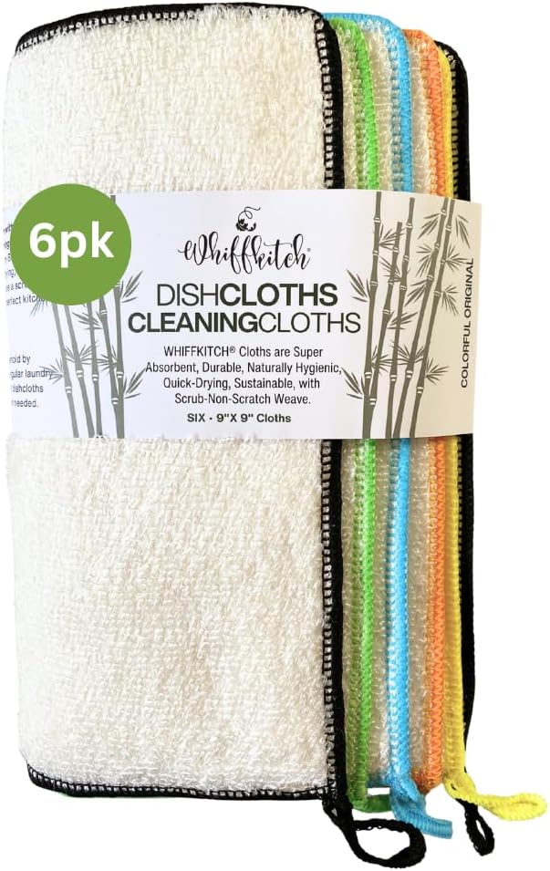 Whiffkitch Dishcloths Dishrags for Kitchen and Household Cleaning 9x9 6-Pack by EcoFriendlyBambooCloths
