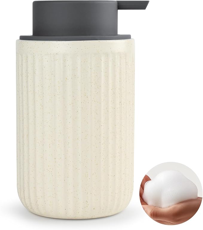 Beige Ceramic Foaming Soap Dispenser, Speckled Rippled 12 oz Bottle by ABBINIMO