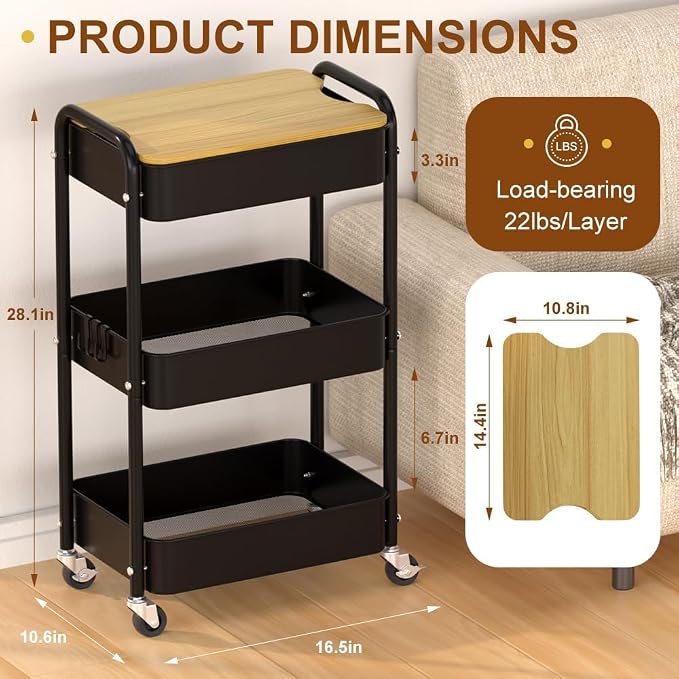 3 Tier Metal Utility Cart, Rolling Storage Cart - Image 6