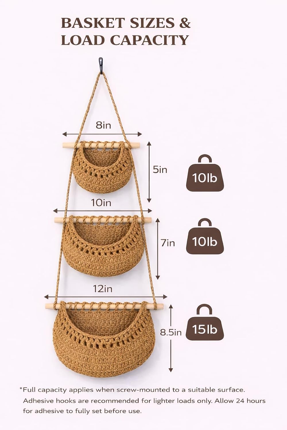 Hanging Wall Basket (3-Tier) Organizer – Cotton Rope Wall Storage for Bathroom, Kitchen & Nursery – Detachable Baskets + No-Drill Adhesive Hooks Included (Renter Friendly)