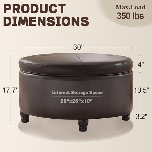 30-Inch Round Storage Ottoman, Modern Ottoman Coffee Table - Image 2