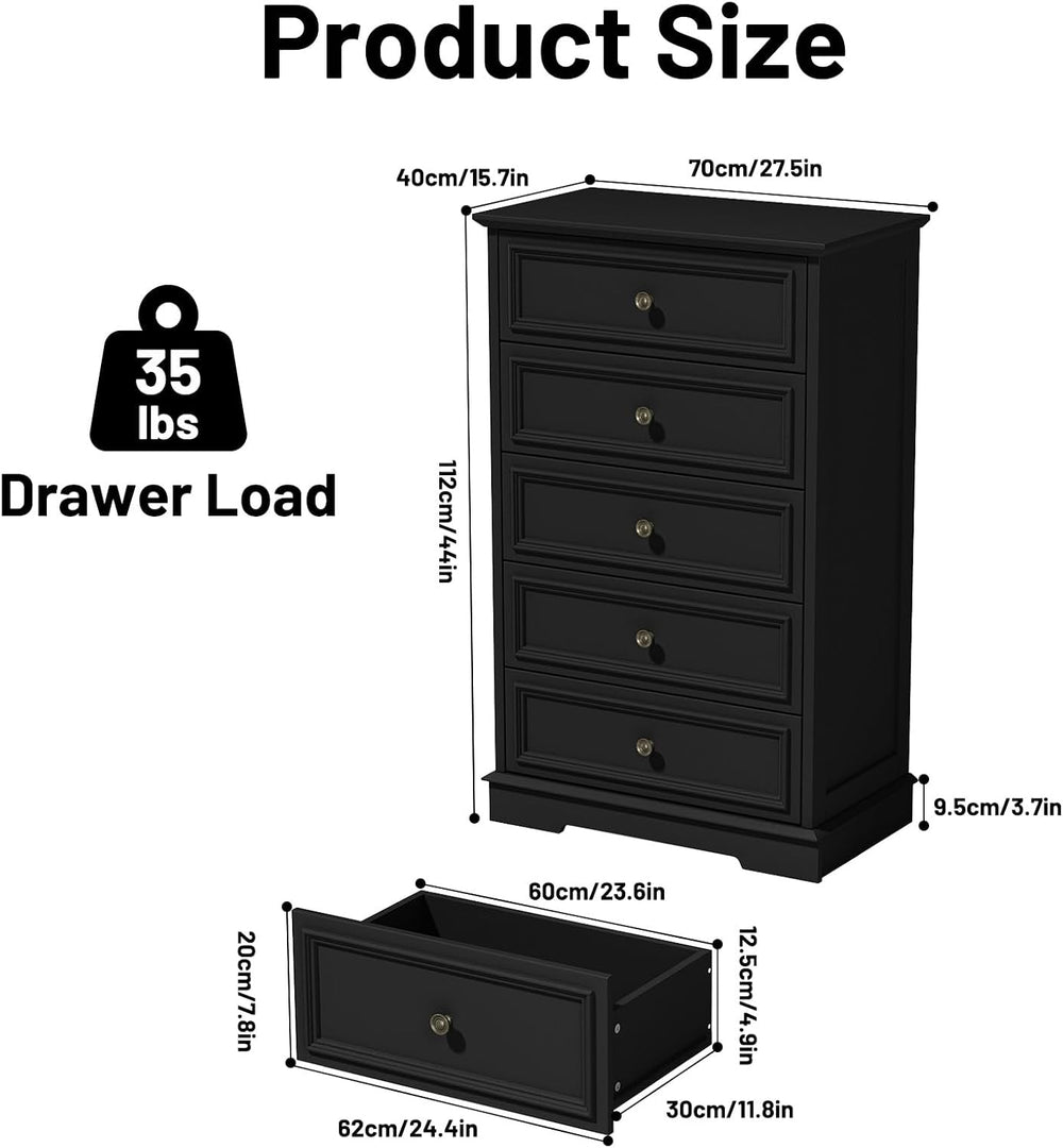 Black 5 Drawer Dresser, 44" Tall Wooden Dresser and Chest of Drawers for...