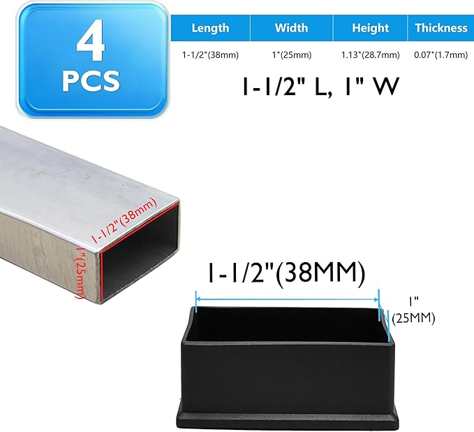 4 Pcs 1" x 1-1/2" Rectangular Rubber Chair Leg Caps, PVC Table Leg Covers - Image 2