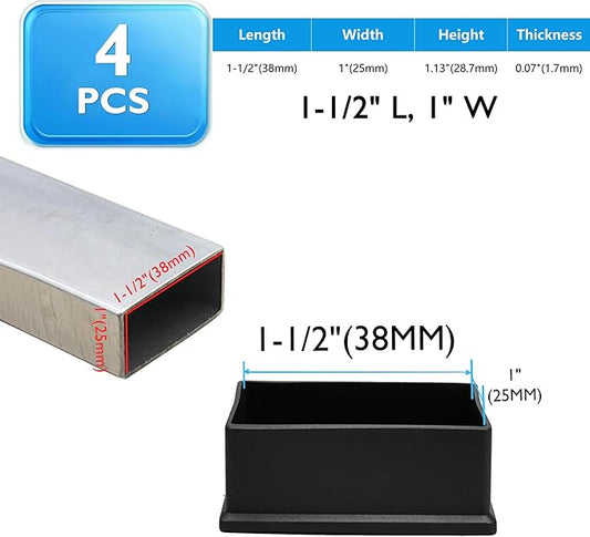 4 Pcs 1" x 1-1/2" Rectangular Rubber Chair Leg Caps, PVC Table Leg Covers - Image 2
