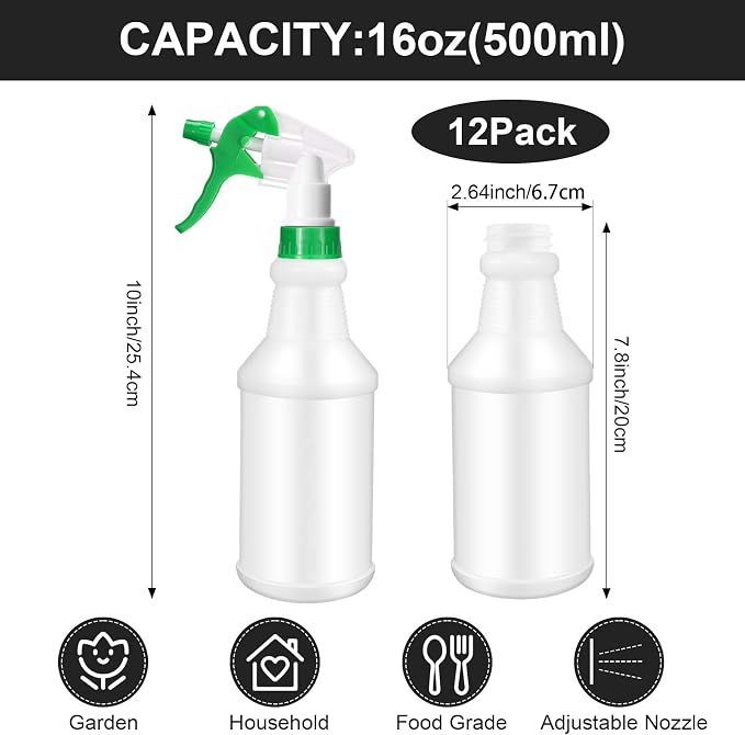 Eccliy 12 Pcs 16 Oz Plastic Spray Bottle, Adjustable Empty Reusable Sprayer - Image 2