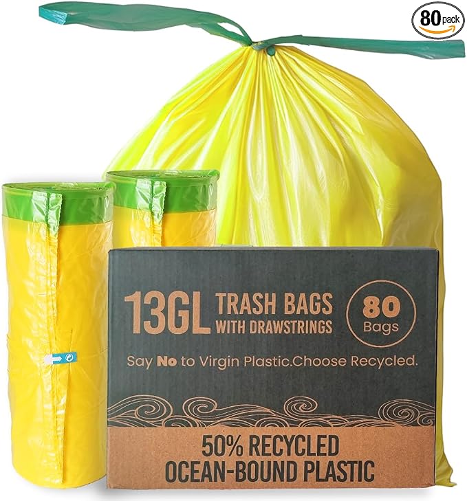13 Gallon Trash Bags with Drawstrings, 80 Bags Made from 50% Recycled Plastic by ETSUS-EthicalSustainable