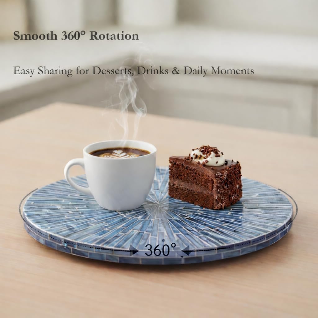 PEMAR 12.6” Handcrafted Mother of Pearl Blue Starburst Lazy Susan – Rotating Centerpiece for Dining Table, Elegant Beach House & Farmhouse Home Décor, Luxury Hostess & Housewarming Gift