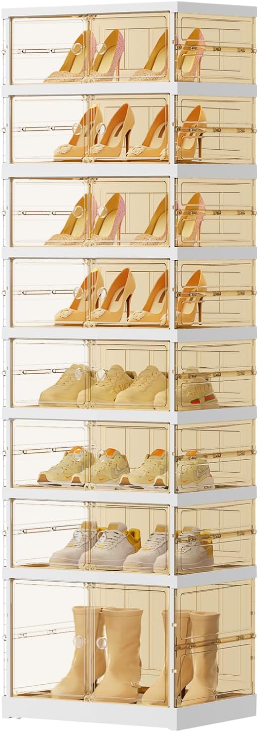 EHAMILY 8-Tier Foldable Shoe Rack Organizer with Doors, 16 Pairs, White