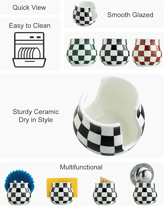 Checkered Sponge Holder for Kitchen Sink, Ceramic Dish Sponge Dish Rack Scrubby - Image 3