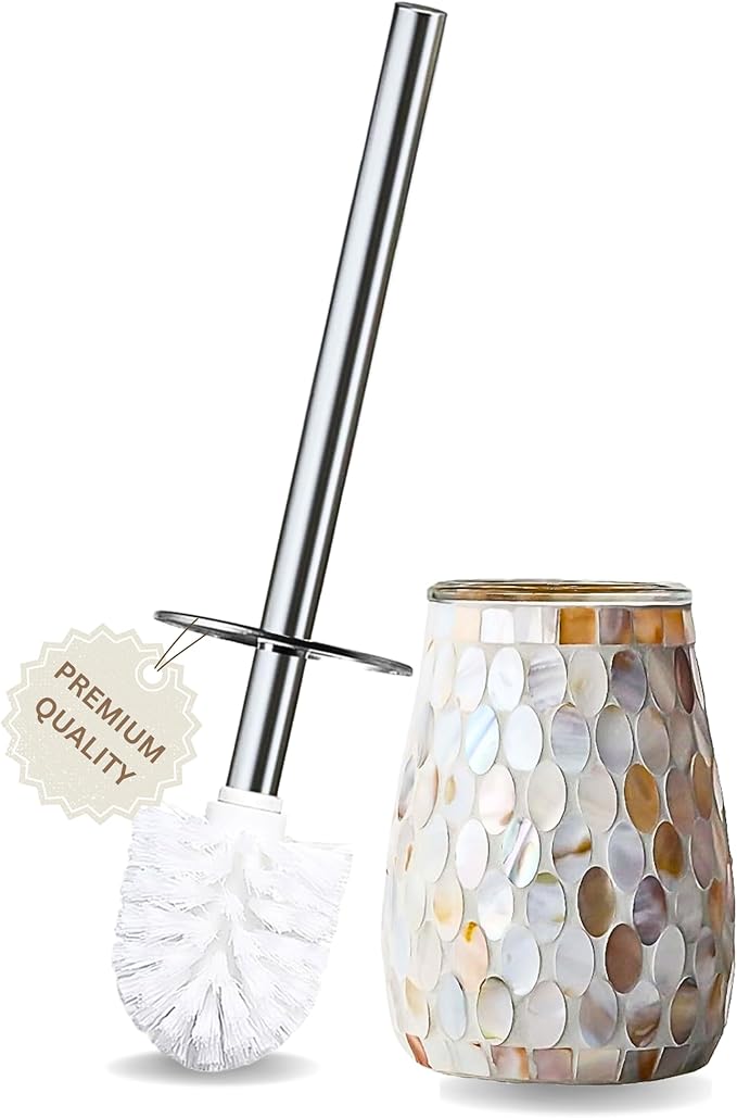 Escenzy Modern Toilet Brush and Holder Set | Natural Shell Mosaic Glass | by Escenzy