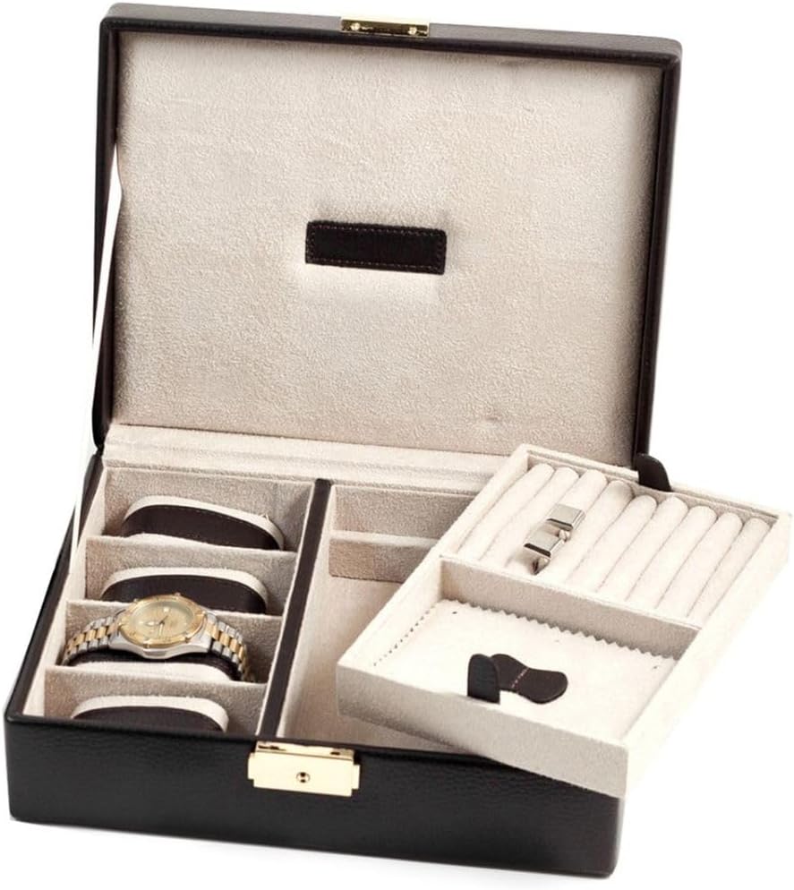 Bey-Berk Brown Leather 4 Watch Case & Valet with Removable Tray and Locki...