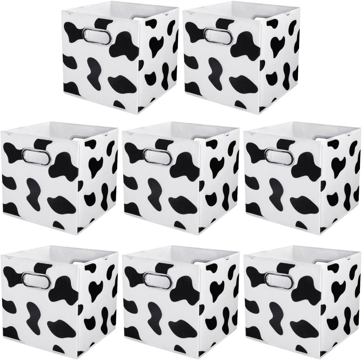 ANMINY Cow Print Cube Storage Bins with Handles, Washable, Collapsible | Cotton Linen Fabric, PP Plastic Board, Animal Print Decor, Storage Basket for Closet Shelf, 11 x 11 x 11 Inch, 8PCS