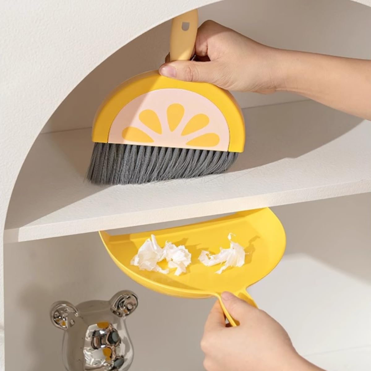 1Set Cute Lemon Mini Dustpan and Brush Set, Adorable Desktop Cleaning Tool, Small Yellow Sweeping Combo for Home, Office, Keyboard, Pet Cage and Desk Debris Tidying
