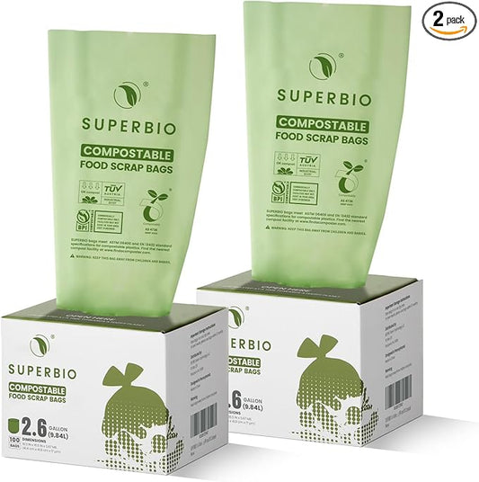 SUPERBIO 2.6 Gallon Flat Top Compostable Food Waste Bags, 2 Pack, Food Scrap by SUPERBIOCOMPOSTABLEBAGS