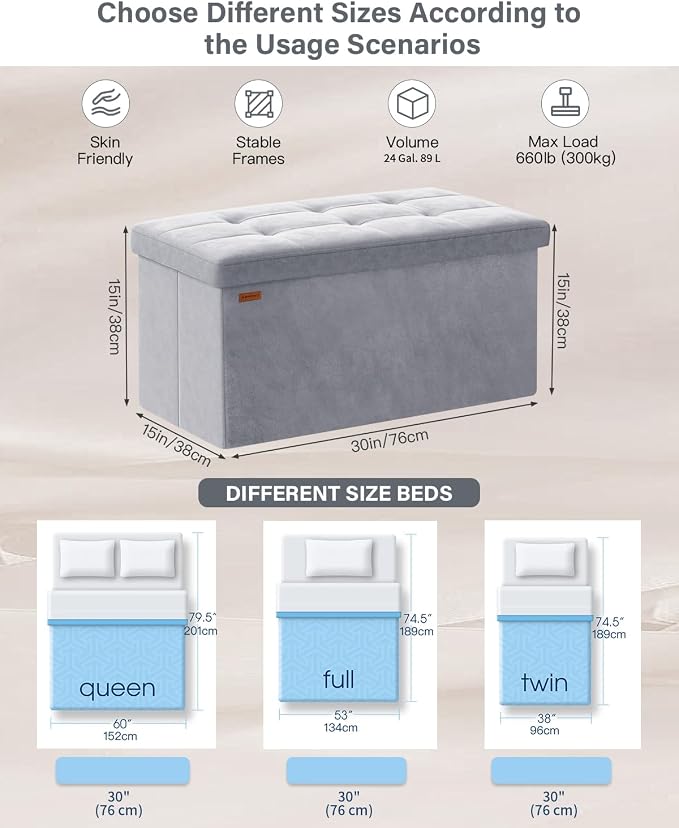 Folding Storage Ottoman, Velvet Storage Bench, Removable Divider, - Image 2